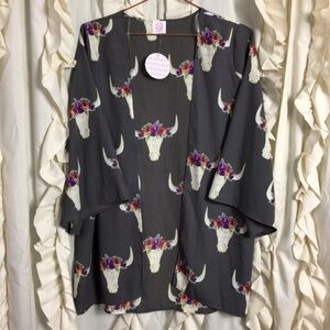 NWT Boho Bull Skull Floral Gray Open Front Kimono